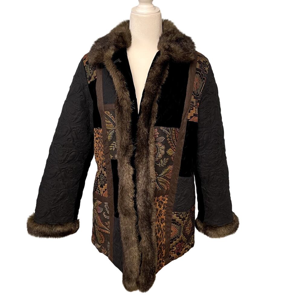 1 Madison Quilted Patchwork Coat M Black Brown Fur Mobwife Boho Indie